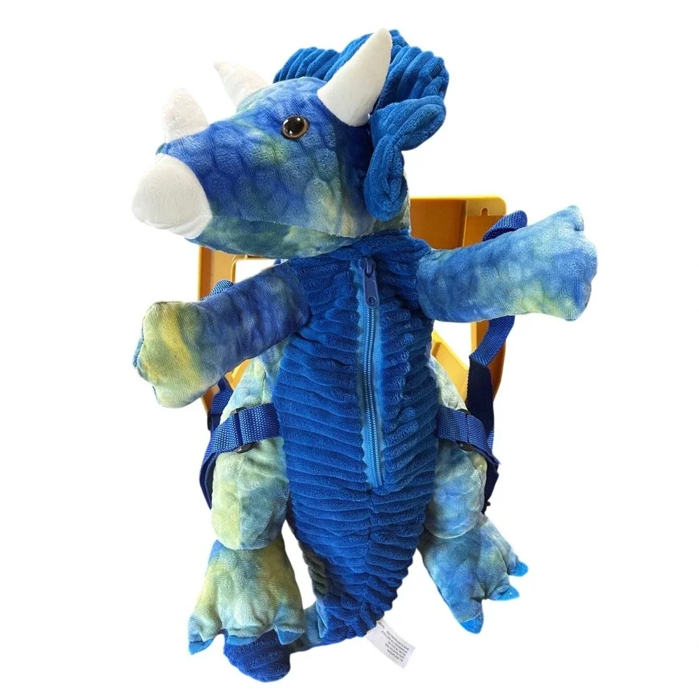Goffa Blue Green Tie Dye Triceratops Plush Dinosaur Backpack Kids Adjustable Bag